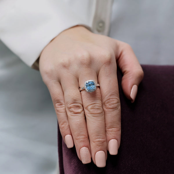 Berry's Platinum Cushion Cut Aquamarine And Diamond Halo Ring - Berry's Jewellers