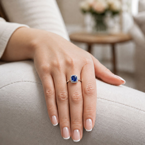 18ct White Gold Sapphire And Diamond Halo Ring