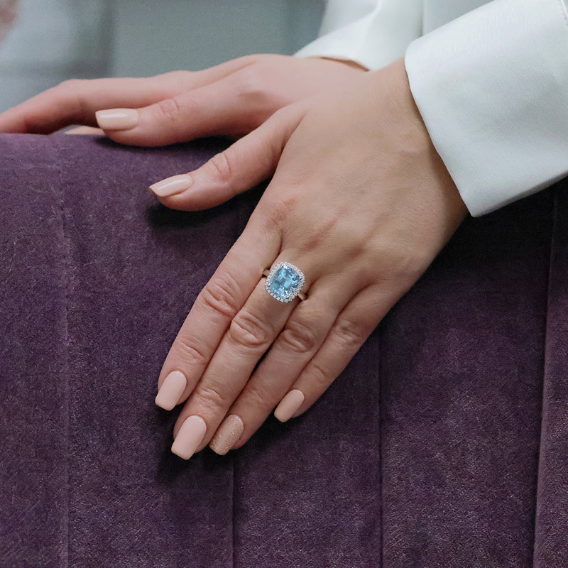 Platinum Aquamarine & Diamond Halo Ring