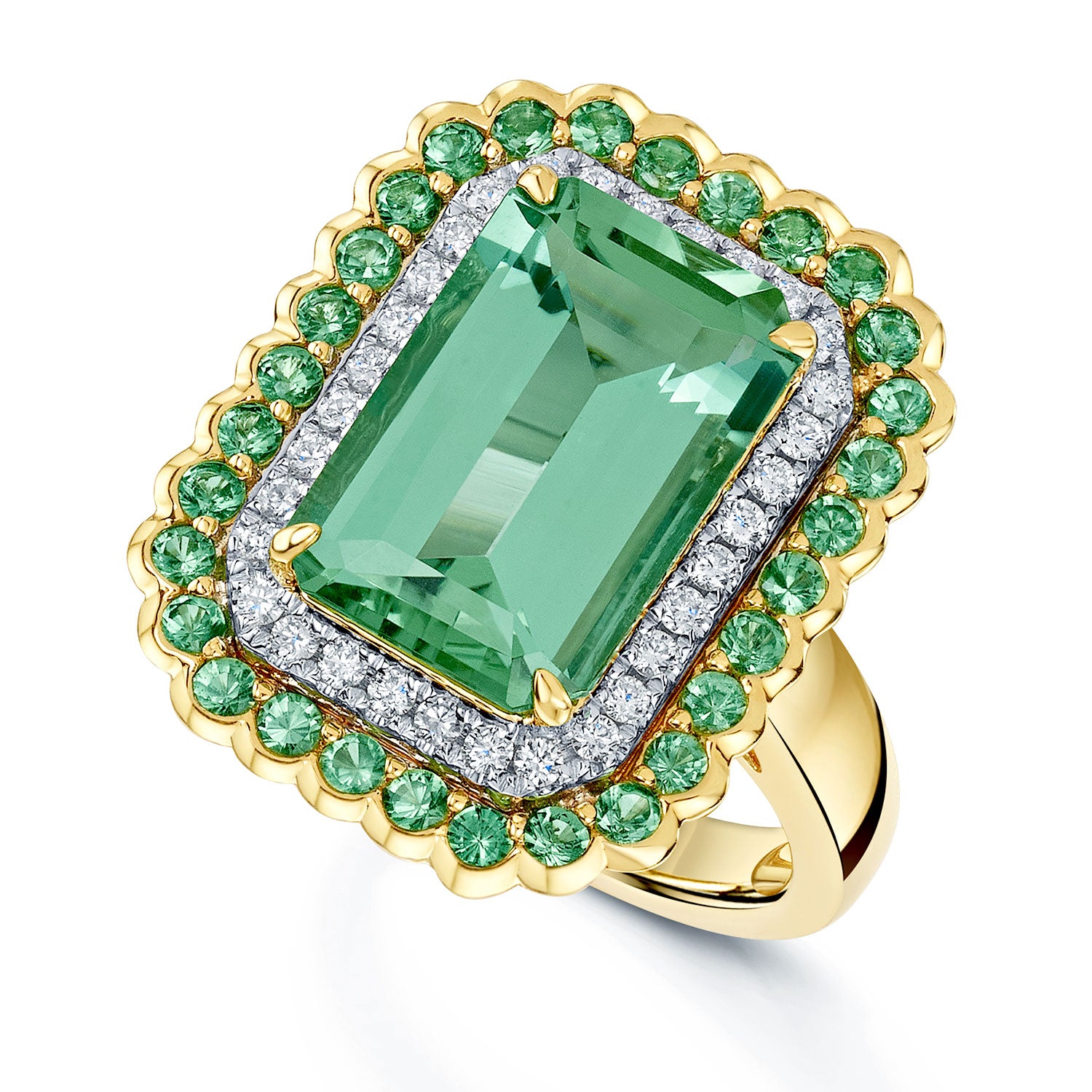 18ct Yellow Gold Emerald Cut Green Tourmaline Dress Ring With A Diamond & Tsavorite Double Halo Dress Ring