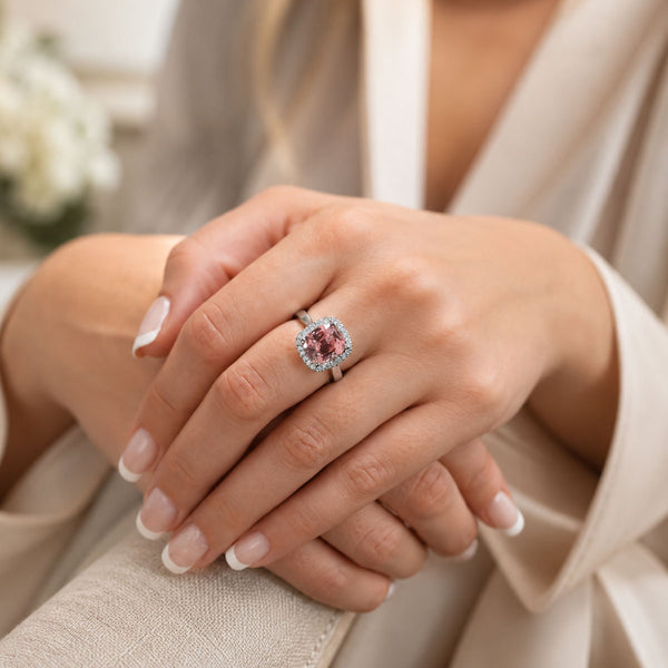 Platinum Pink Tourmaline With Diamond Halo Ring