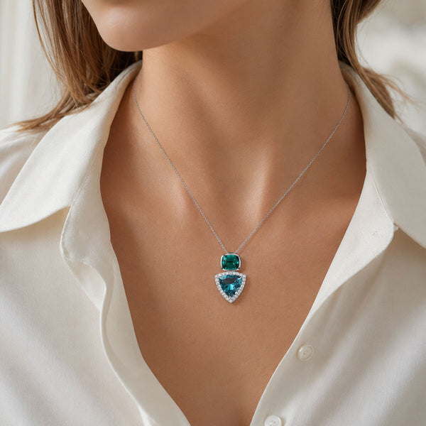 Berry's 18ct White Gold Cushion Cut Green Tourmaline And Trilliant Cut Aquamarine Diamond Halo Pendant - Berry's Jewellers