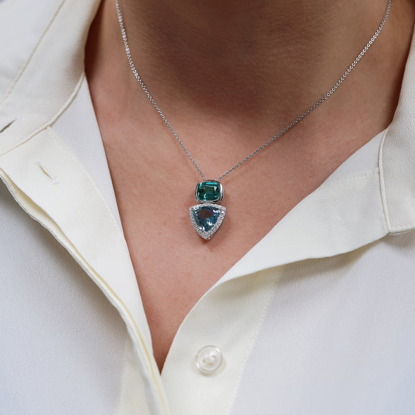 Berry's 18ct White Gold Cushion Cut Green Tourmaline And Trilliant Cut Aquamarine Diamond Halo Pendant - Berry's Jewellers
