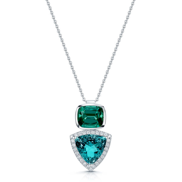 Berry's 18ct White Gold Cushion Cut Green Tourmaline And Trilliant Cut Aquamarine Diamond Halo Pendant - Berry's Jewellers
