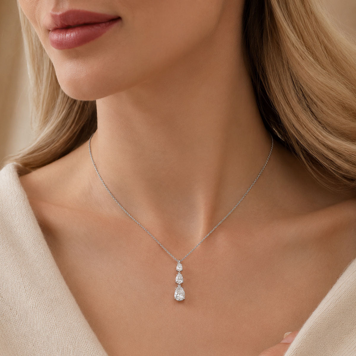 Berry's 18ct White Gold Three Stone Diamond Pear Cut Drop Pendant - Berry's Jewellers