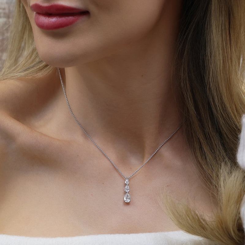 18ct White Gold Three Stone Diamond Pear Cut Drop Pendant