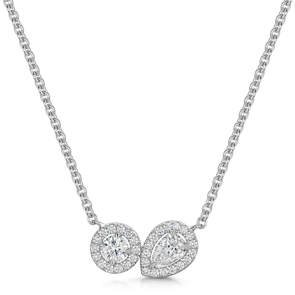 Berry's 18ct White Gold Toi Et Moi Round Brilliant & Pear Cut Diamond Two Stone Halo Pendant - Berry's Jewellers