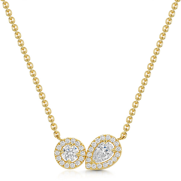 Berry's 18ct Yellow Gold Toi Et Moi Round Brilliant & Pear Cut Diamond Two Stone Halo Pendant - Berry's Jewellers