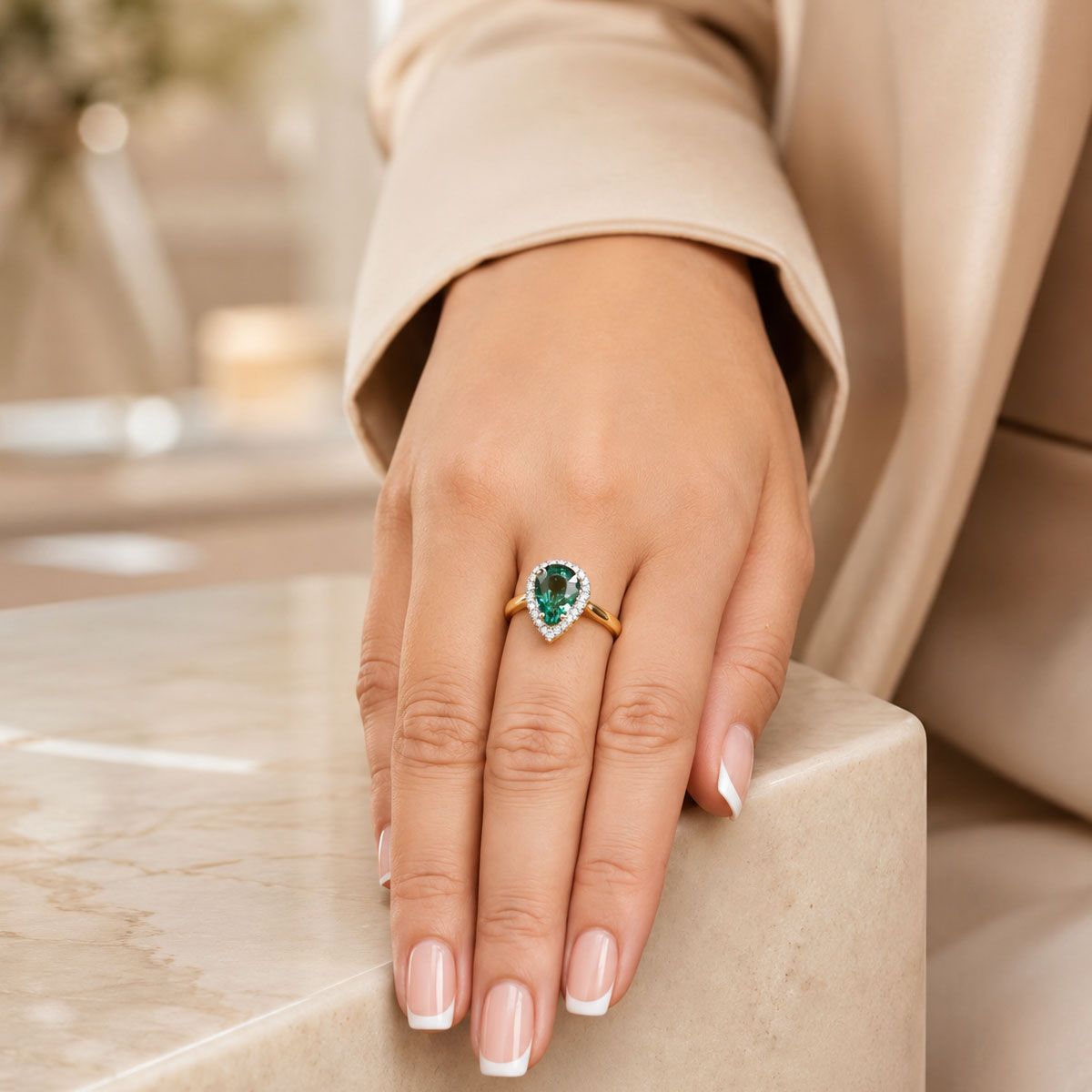 18ct Yellow Gold Green Tourmaline Diamond Halo Ring