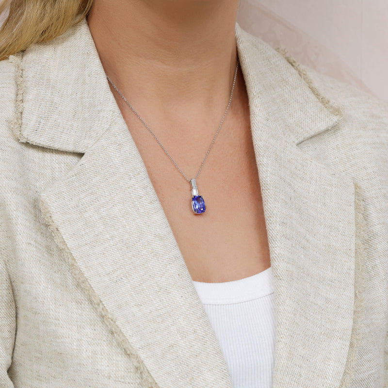 Berry's 18ct White Gold Cushion Cut Tanzanite And Baguette Cut Diamond Drop Pendant - Berry's Jewellers