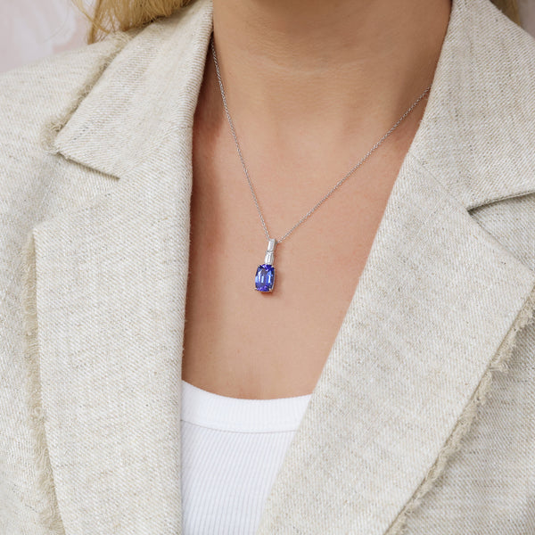 Berry's 18ct White Gold Cushion Cut Tanzanite And Baguette Cut Diamond Drop Pendant - Berry's Jewellers