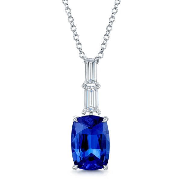 Berry's 18ct White Gold Cushion Cut Tanzanite And Baguette Cut Diamond Drop Pendant - Berry's Jewellers