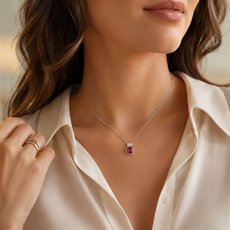 Berry's 18ct White And Rose Gold Pink Spinel And Baguette Cut Diamond Pendant - Berry's Jewellers