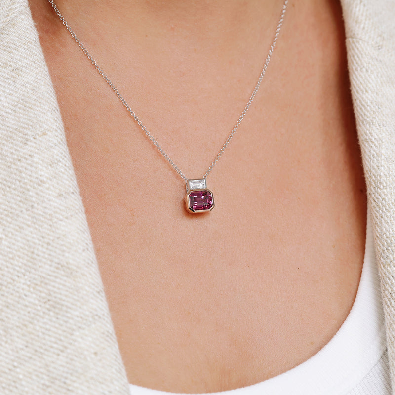 Berry's 18ct White And Rose Gold Pink Spinel And Baguette Cut Diamond Pendant - Berry's Jewellers