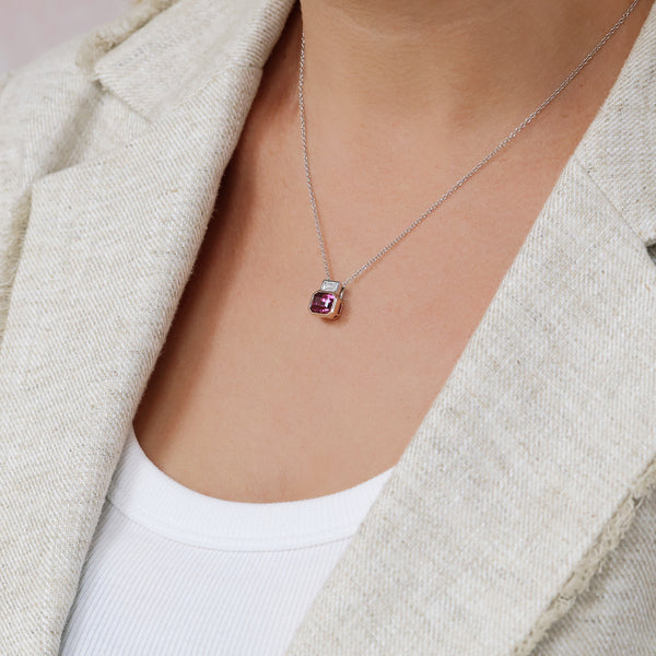 Berry's 18ct White And Rose Gold Pink Spinel And Baguette Cut Diamond Pendant - Berry's Jewellers