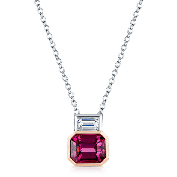 Berry's 18ct White And Rose Gold Pink Spinel And Baguette Cut Diamond Pendant - Berry's Jewellers