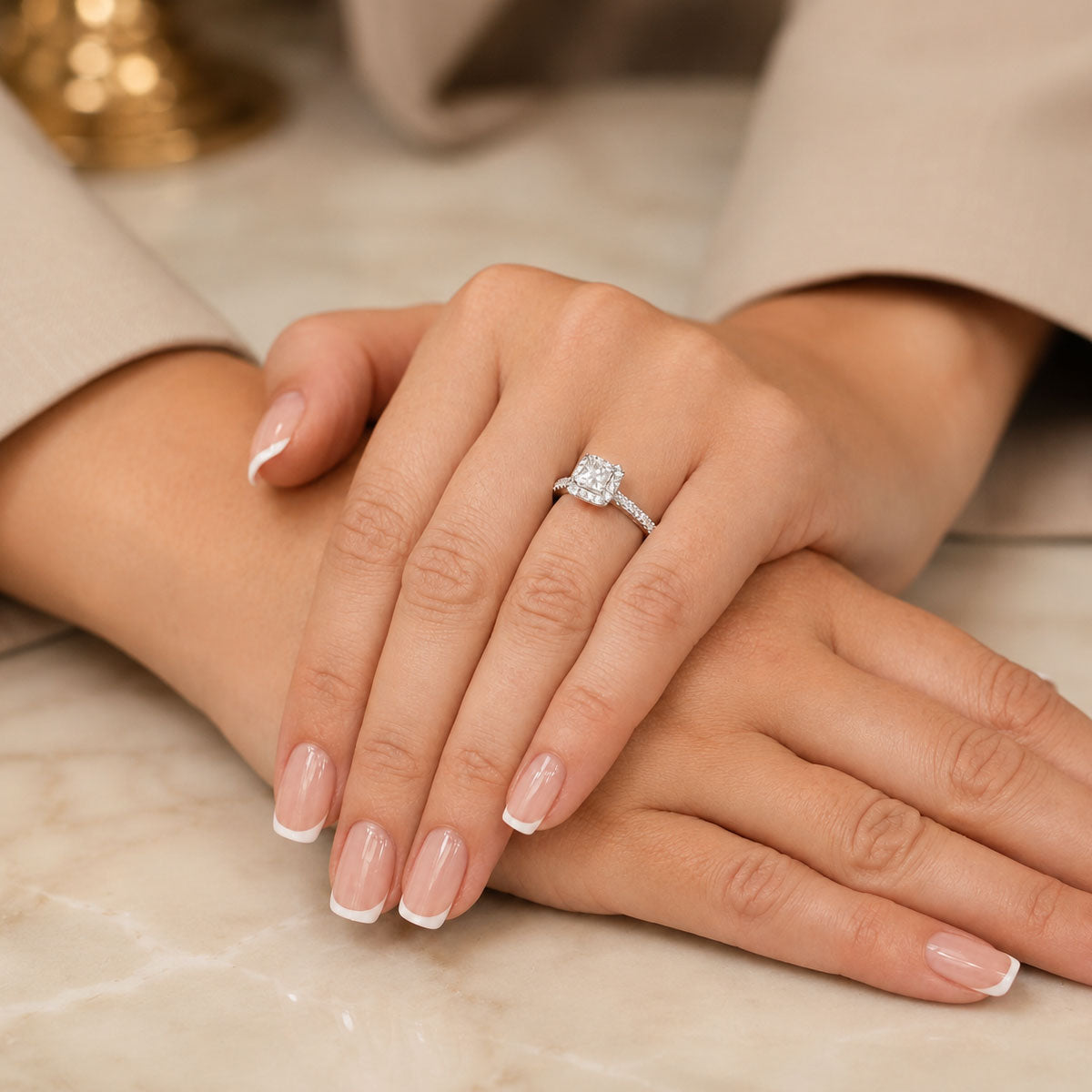 Platinum Princess Cut Diamond Halo Ring With Diamond Shoulders