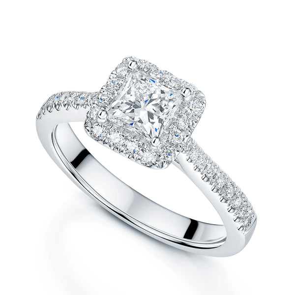 Berry's Platinum Princess Cut Diamond Halo Ring With Diamond Shoulders - Berry's Jewellers