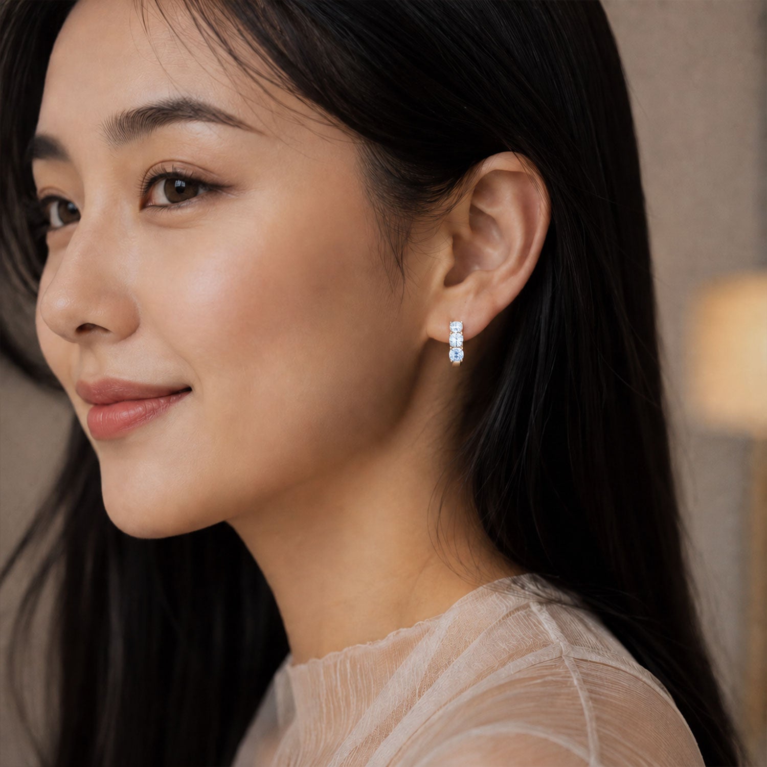 Platinum Diamond Three Stone Hoop Earrings