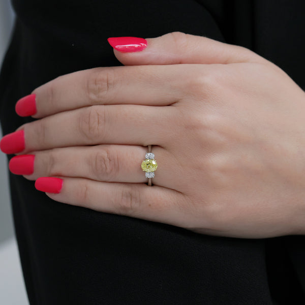 Berry's Platinum Fancy Yellow Oval Cut Diamond Three Stone Ring With Oval Cut Diamond Side Stones - Berry's Jewellers