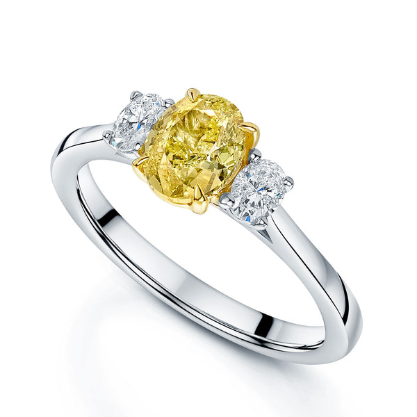 Berry's Platinum Fancy Yellow Oval Cut Diamond Three Stone Ring With Oval Cut Diamond Side Stones - Berry's Jewellers
