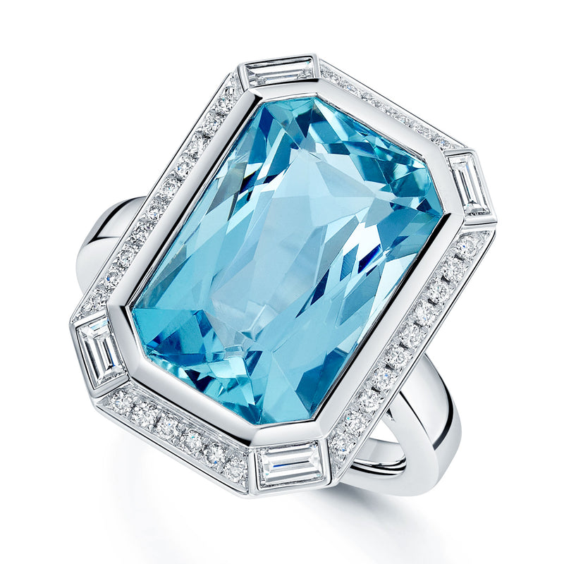 Berry's Platinum Octagon Cut Aquamarine And Diamond Halo Ring - Berry's Jewellers