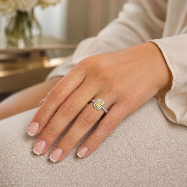 Platinum Radiant Cut Yellow Diamond Halo Ring With Diamond Set Shoulders