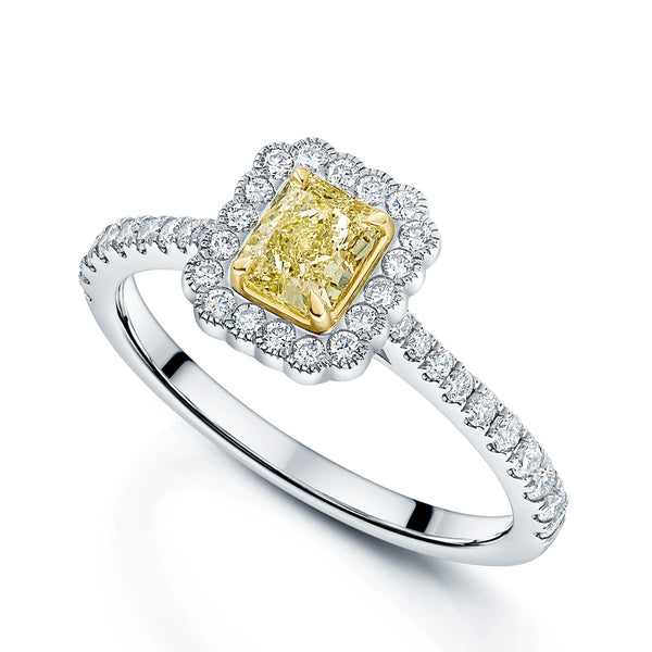 Berry's Platinum Radiant Cut Yellow Diamond Halo Ring With Diamond Set Shoulders - Berry's Jewellers