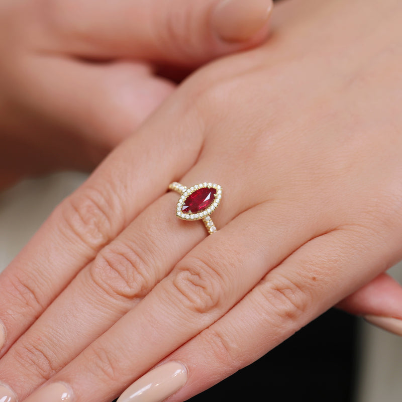 Berry's 18ct Yellow Gold Marquise Cut Ruby And Diamond Halo Ring - Berry's Jewellers