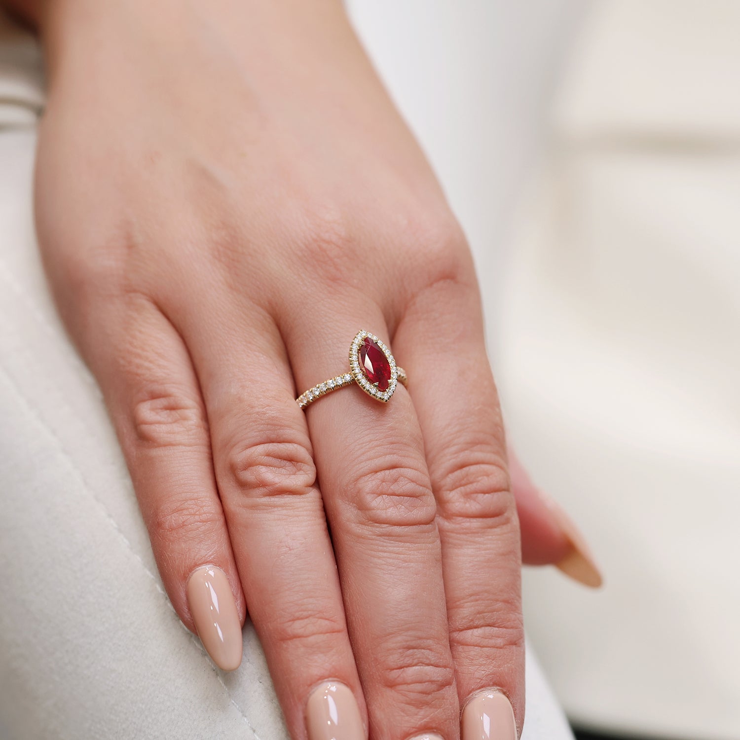 Berry's 18ct Yellow Gold Marquise Cut Ruby And Diamond Halo Ring - Berry's Jewellers