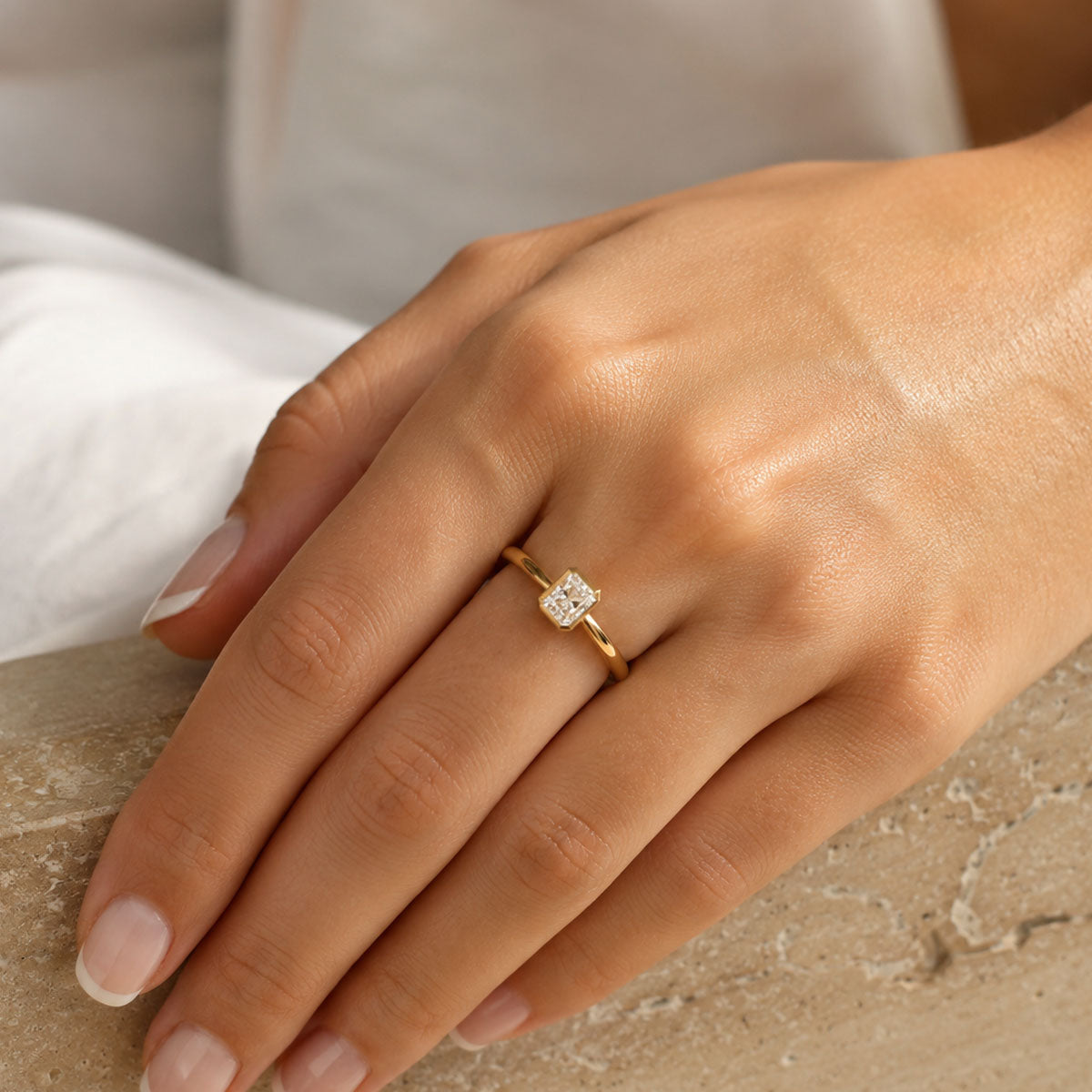 18ct Yellow Gold Radiant Cut Rub Over Set Ring