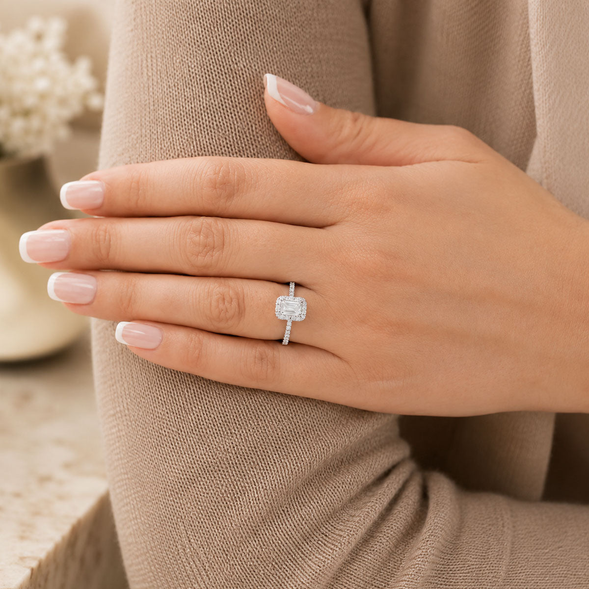 Platinum GIA Certificated Emerald Cut Diamond Halo Ring With Diamond Shoulders