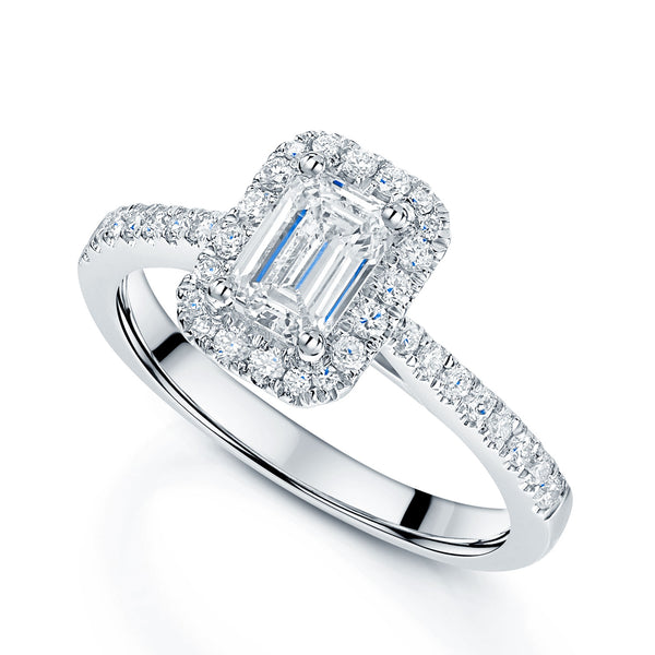 Berry's Platinum GIA Certificated Emerald Cut Diamond Halo Ring With Diamond Shoulders - Berry's Jewellers