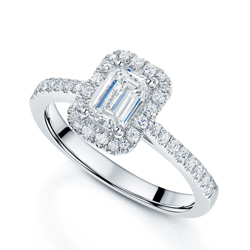 Berry's Platinum GIA Certificated Emerald Cut Diamond Halo Ring With Diamond Shoulders - Berry's Jewellers
