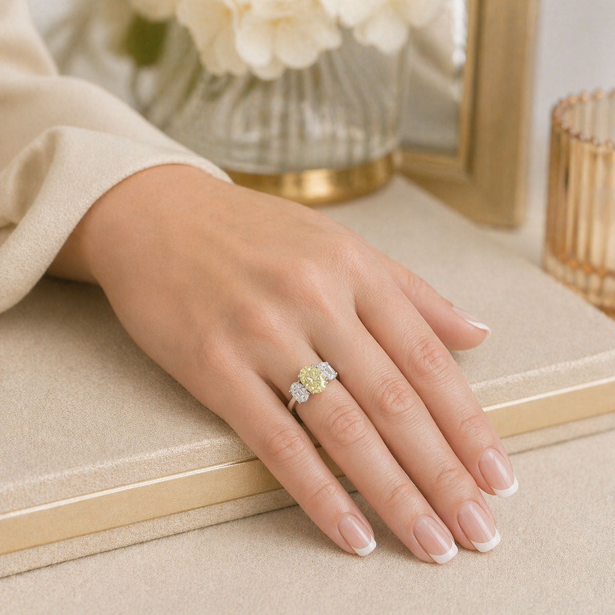 Berry's Platinum Oval Cut Fancy Yellow Diamond And White Diamond Three Stone Ring - Berry's Jewellers