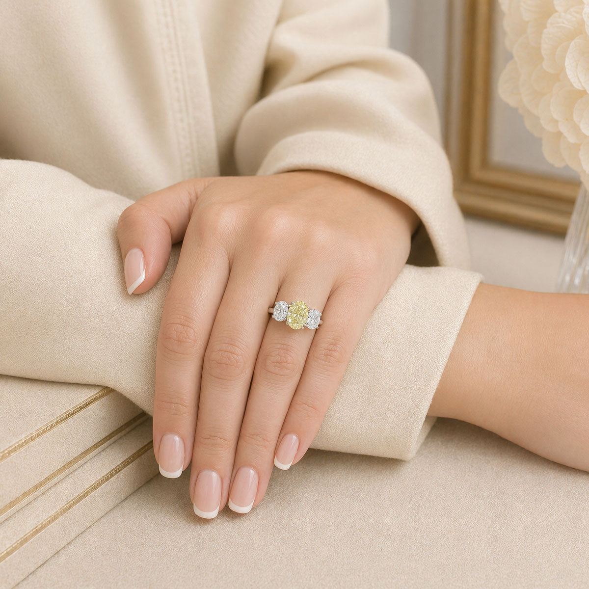 Berry's Platinum Oval Cut Fancy Yellow Diamond And White Diamond Three Stone Ring - Berry's Jewellers
