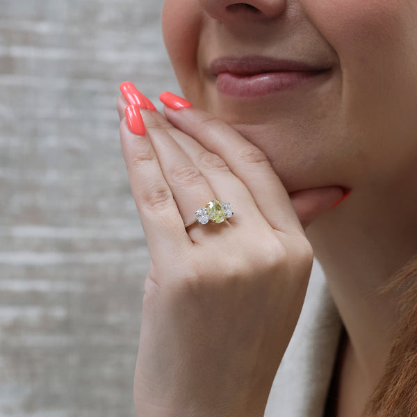 Berry's Platinum Oval Cut Fancy Yellow Diamond And White Diamond Three Stone Ring - Berry's Jewellers