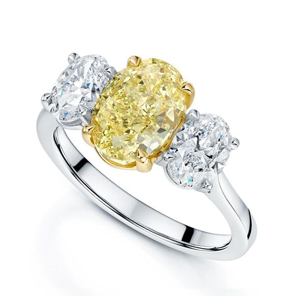 Berry's Platinum Oval Cut Fancy Yellow Diamond And White Diamond Three Stone Ring - Berry's Jewellers