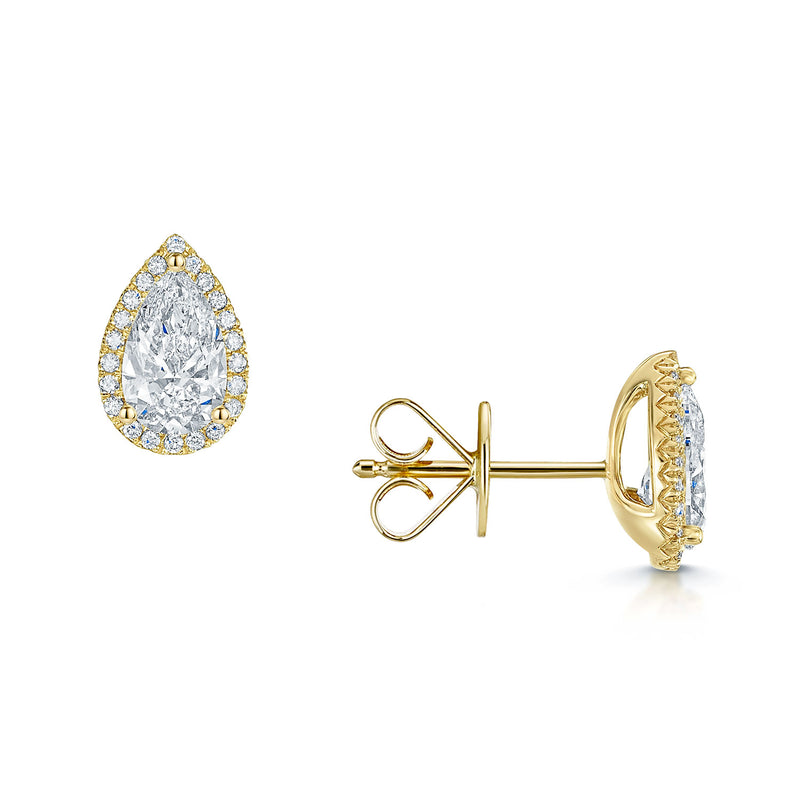 Berry's 18ct Yellow Gold GIA Certificated Pear Cut Diamond Halo Stud Earrings - Berry's Jewellers