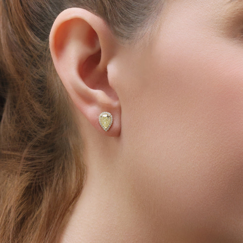 Berry's 18ct Yellow Gold Pear Cut Fancy Yellow Diamond Halo Stud Earrings - Berry's Jewellers