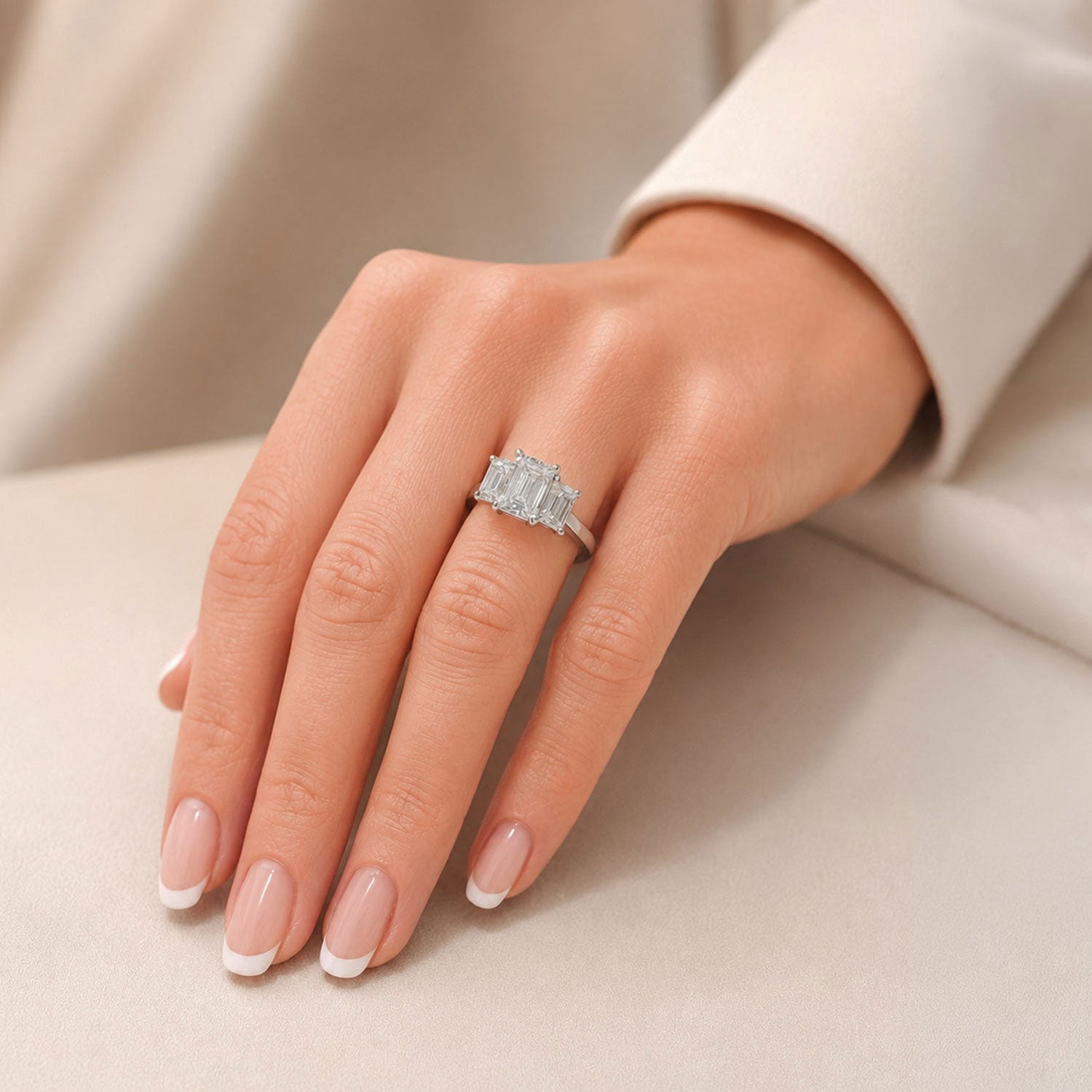 Platinum GIA Certificated Emerald Cut Diamond Three Stone Ring