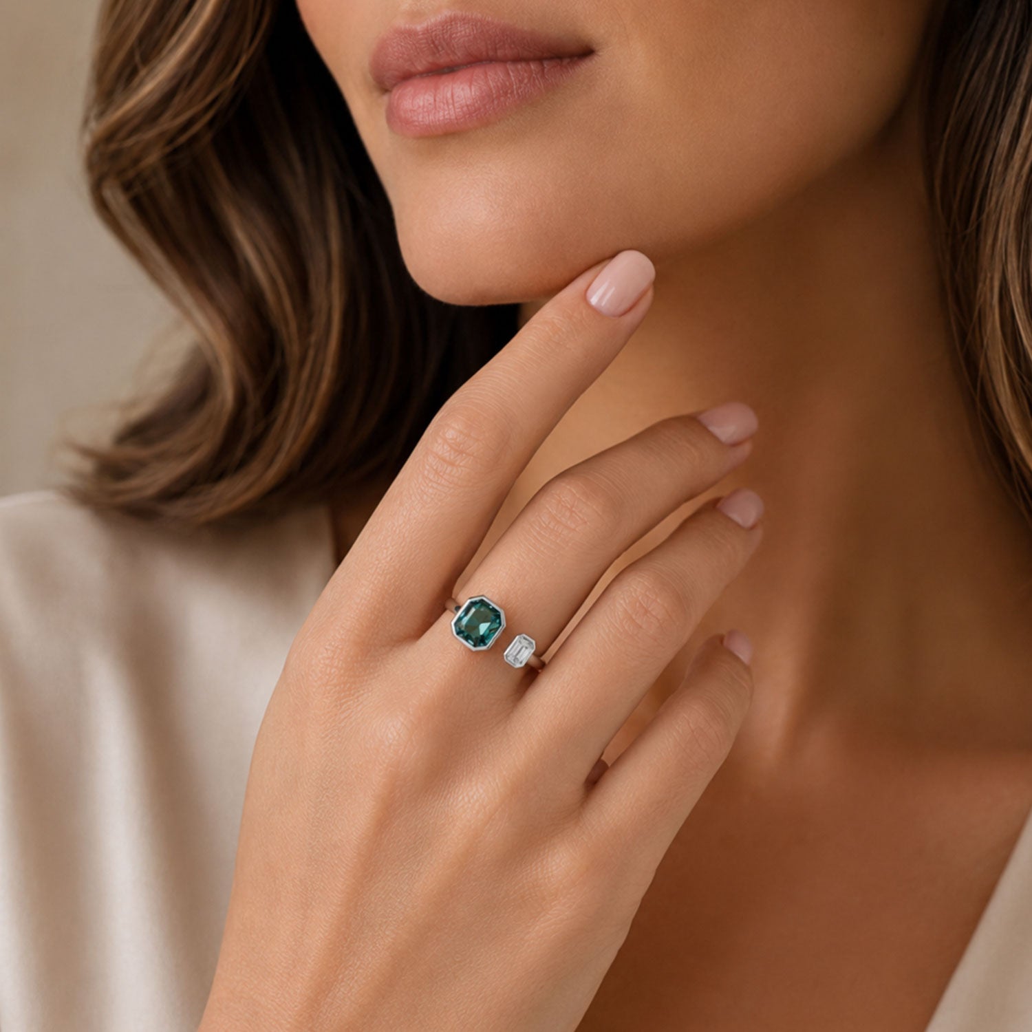 Berry's Platinum Toi et Moi Asscher Cut Green Tourmaline and Emerald Cut Diamond Ring - Berry's Jewellers