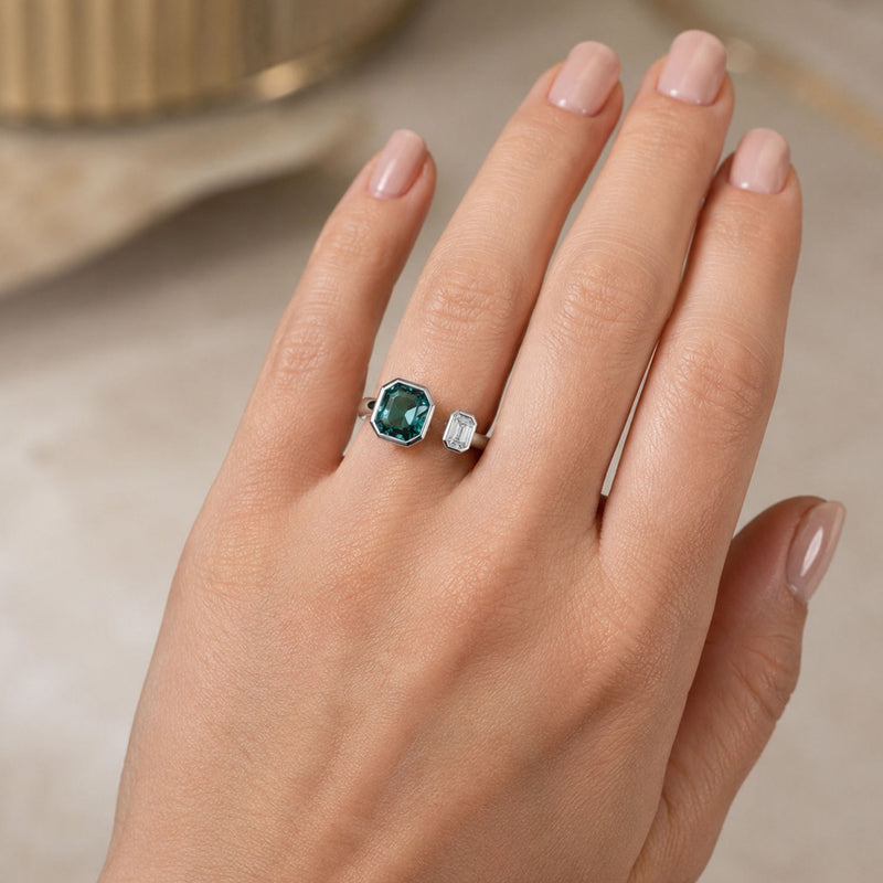 Berry's Platinum Toi et Moi Asscher Cut Green Tourmaline and Emerald Cut Diamond Ring - Berry's Jewellers