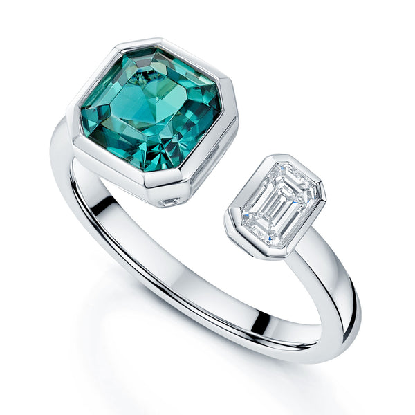 Berry's Platinum Toi et Moi Asscher Cut Green Tourmaline and Emerald Cut Diamond Ring - Berry's Jewellers