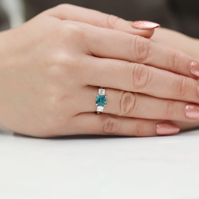 Berry's Platinum Asscher Cut Green Tourmaline & Diamond Three Stone Ring - Berry's Jewellers