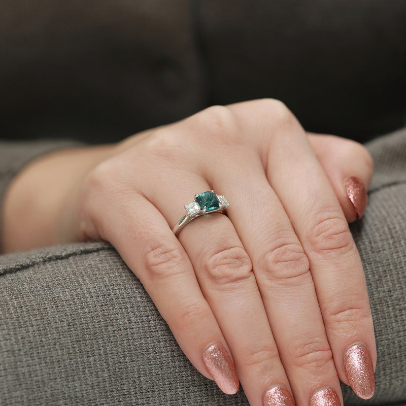 Berry's Platinum Asscher Cut Green Tourmaline & Diamond Three Stone Ring - Berry's Jewellers