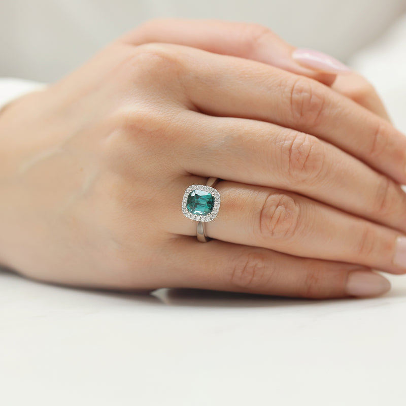 Berry's Platinum Cushion Cut Green Tourmaline & Round Brilliant Diamond Halo Ring - Berry's Jewellers