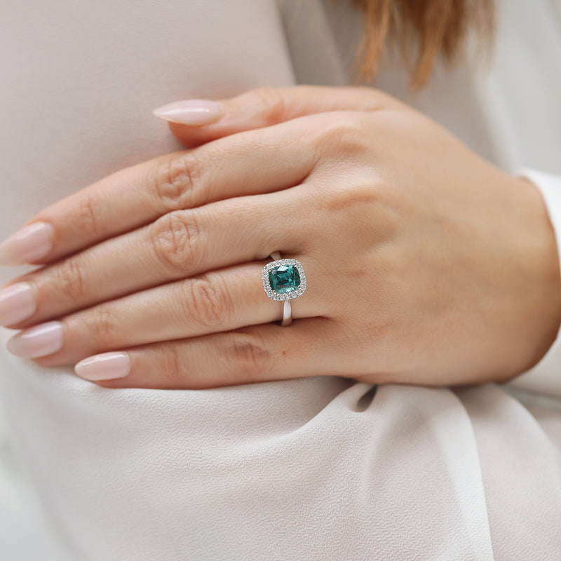 Berry's Platinum Cushion Cut Green Tourmaline & Round Brilliant Diamond Halo Ring - Berry's Jewellers