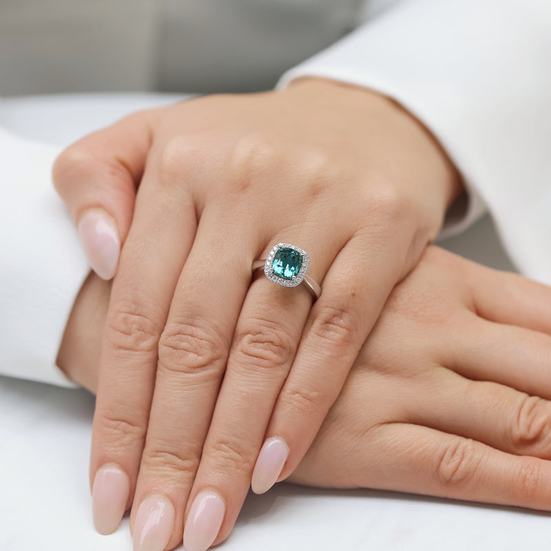 Berry's Platinum Cushion Cut Green Tourmaline & Round Brilliant Diamond Halo Ring - Berry's Jewellers