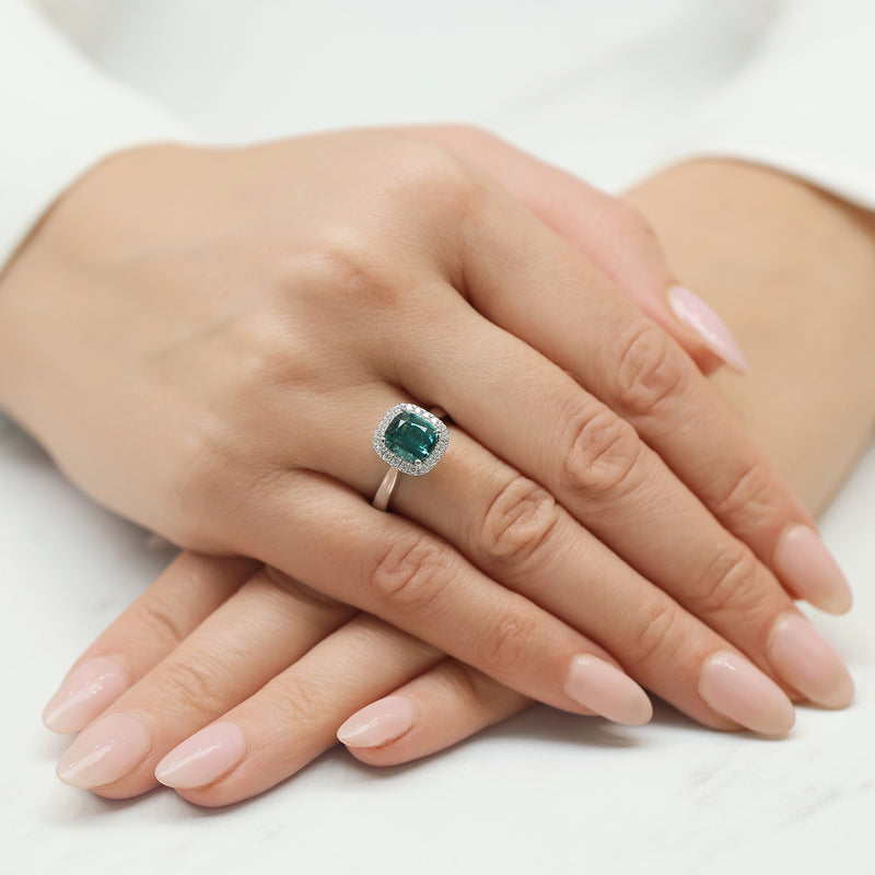 Berry's Platinum Cushion Cut Green Tourmaline & Round Brilliant Diamond Halo Ring - Berry's Jewellers